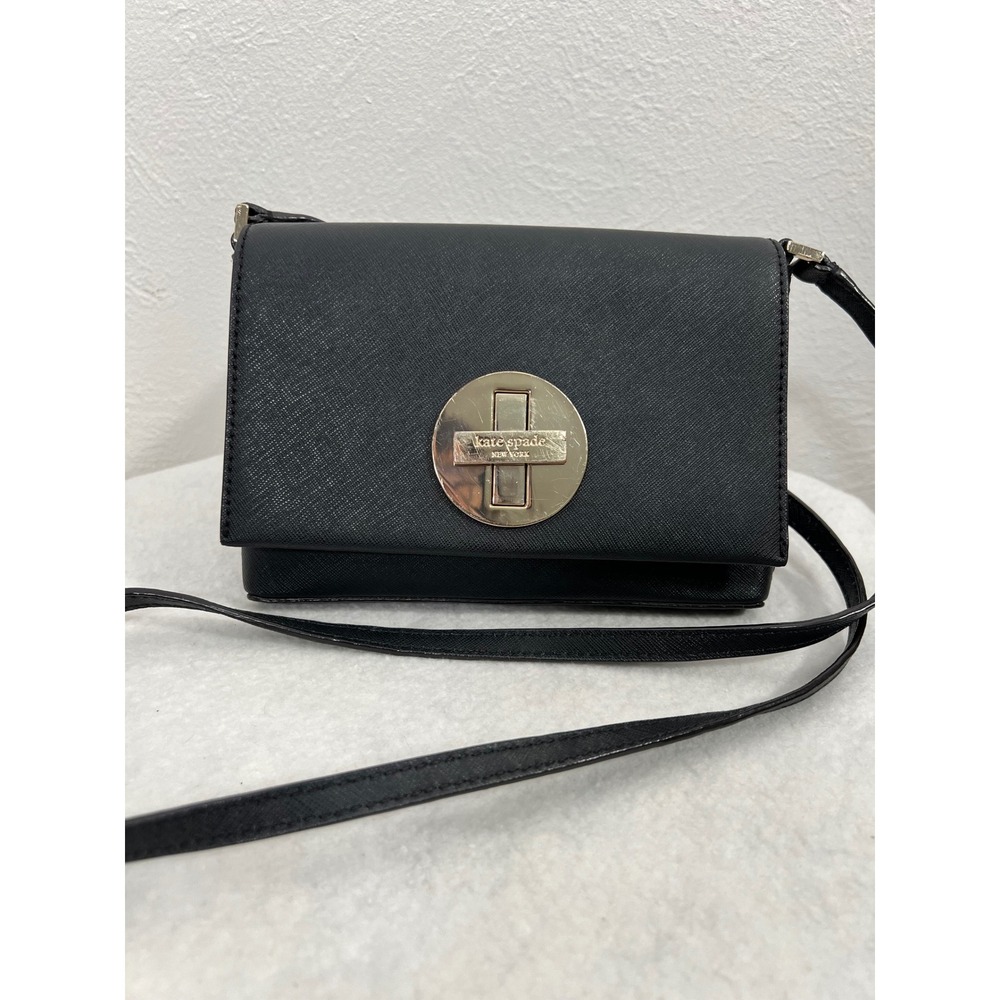 Kate‎ Spade Black Crossbody Bag – 100% Leather, Striped Lining